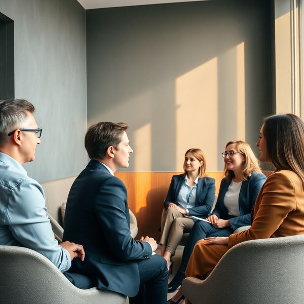 Grup mic de profesioniști într-o sală de întâlnire cu pereți gri-ardezie