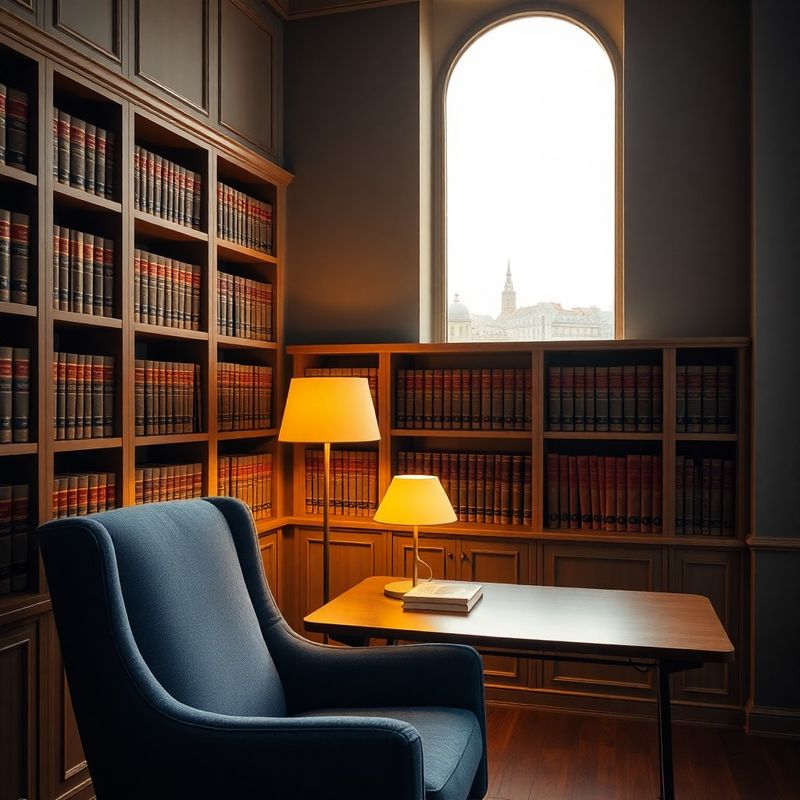 Interior de birou cu biblioteci de volume juridice și lumină caldă